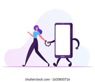 Gadget and Networking Addiction Concept. Young Smiling Woman Walking Together with Huge Smartphone Tied with Handcuffs Hand by Hand Teenager Lifestyle Dangerous Habit. Cartoon Flat Vector Illustration