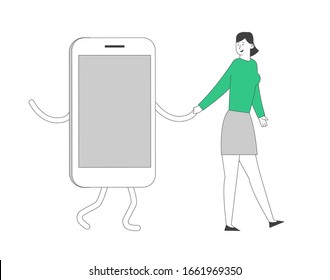 Concepto de Addicción de Gadget y Redes. Joven sonriente caminando junto a la enorme mano del Smartphone. Adolescente Hábito Peligroso, Gadgetomania. Ilustración de vectores planos de caricatura, arte de línea