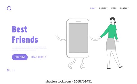 Gadget and Networking Addiction Landing Page Template. Young Smiling Woman Walk Together with Huge Smartphone Hand by Hand. Female Character Dangerous Habit, Gadgetomania. Linear Vector Illustration