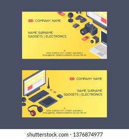 Gadget pattern vector business card digital device with display of laptop tablet camera isometric illustration backdrop set of electronic equipment headset smartphone business-card background.
