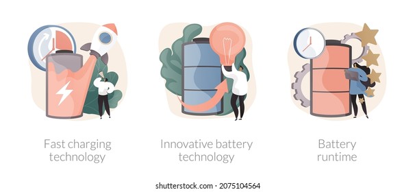 Conjunto de ilustraciones vectoriales abstractas de gestión de potencia de gadget. Tecnología de carga rápida, tiempo de ejecución innovador de la batería, recarga de usb, alta capacidad de energía, larga vida útil, metáfora abstracta de durabilidad.