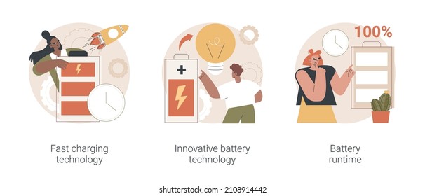 Conjunto de ilustraciones vectoriales abstractas de gestión de potencia de gadget. Tecnología de carga rápida, tiempo de ejecución innovador de la batería, recarga de usb, alta capacidad de energía, larga vida útil, metáfora abstracta de durabilidad.