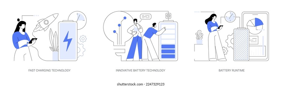 Gadget Power Management abstraktes Konzept Vektorgrafik Set. Schnelle Ladetechnologie, innovative Akkulaufzeit, hohe Energiekapazität, lange Lebensdauer, abstrakte Lebensdauer.