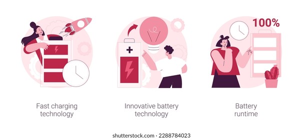 Conjunto de ilustraciones vectoriales abstractas de gestión de potencia de gadget. Tecnología de carga rápida, tiempo de ejecución innovador de la batería, recarga de usb, alta capacidad de energía, larga vida útil, metáfora abstracta de durabilidad.