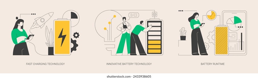 Gadget Power Management abstrakte Konzept Vektor Illustration Set. Schnelle Ladetechnologie, innovative Batterielaufzeit, USB-Wiederaufladung, hohe Energiekapazität, lange Lebensdauer, Haltbarkeit abstrakte Metapher.