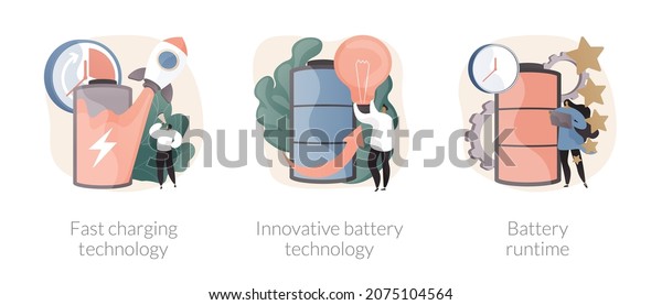 Gadget power management abstract concept vector\
illustration set. Fast charging technology, innovative battery\
runtime, usb recharge, high energy capacity, long life, durability\
abstract metaphor.