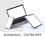 Gadget Realistic Layouts - smartphone, tablet, laptop with a blank screen for your design. Layouts of electronic devices in the rotated position. Stock Vector illustration