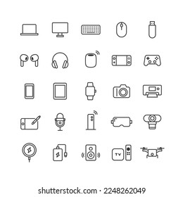 Gadget related line drawing icon set.