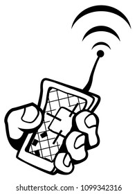 Gadget remote in hand showing location signal line drawing black, stylized vector illustration, horizontal, over white, isolated