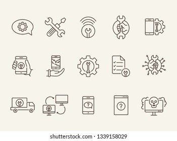 Gadget repair line icon set. Wrench, gear, smartphone, computer. Digital gadgets concept. Can be used for topics like technical help, assistance, breakdown, failure