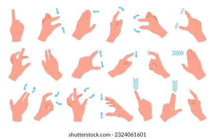 Gestos táctiles de pantalla de gadget. Gestos de mano de dibujos animados, grifo de pantalla de smartphone, pinche, gire, rote y zoom gestos de ilustración vectorial plana. Colección de gestos de pantalla táctil