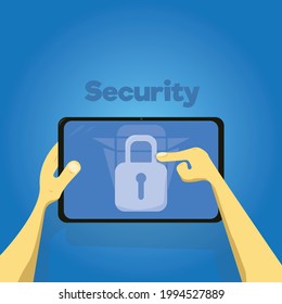 Seguridad de gadget. manos con un gadget para comprobar el sistema de seguridad. ilustración vectorial del sistema de tecnología