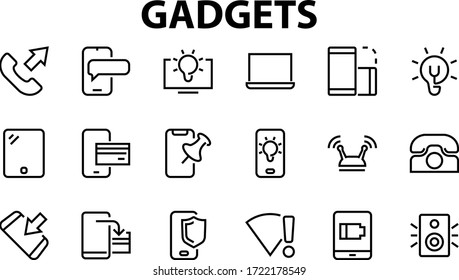 GADGET A set of icons of smart devices, such as a laptop computer, tablet, program protection, phone, digital network, thin line vector, editable stroke.
