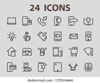 GADGET A set of icons of smart devices, such as a laptop computer, tablet, program protection, phone, digital network, thin line vector, editable stroke.
