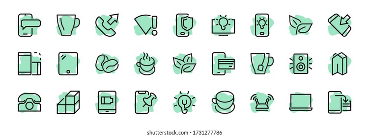 GADGET A set of icons of smart devices, such as a laptop computer, tablet, program protection, phone, digital network, thin line vector, editable stroke.