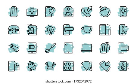 GADGET Conjunto de iconos de dispositivos inteligentes, como un ordenador portátil, tablet, protección de programas, teléfono, red digital, vector de línea delgada, trazo editable.