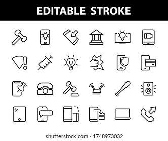 GADGET Set de iconos vectoriales de dispositivos inteligentes como laptop, tablet, programa de protección, teléfono, red digital, iconos de gadget vectoriales de línea delgada, trazo editable.