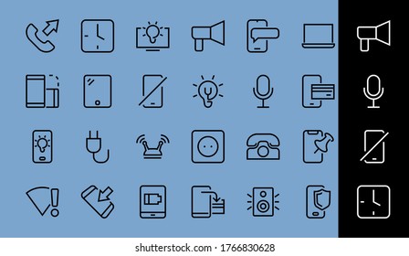 GADGET Set of vector icons of smart devices such as laptop, tablet, protection program, phone, digital network, thin line vector gadget icons, editable stroke.