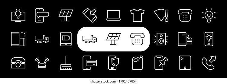GADGET Set of vector icons of smart devices such as laptop, tablet, protection program, phone, digital network, thin line vector gadget icons, editable stroke.