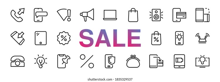 GADGET Set of vector icons of smart devices such as laptop, tablet, protection program, phone, digital network, thin line vector gadget icons, editable stroke. black friday