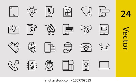 GADGET Set of vector icons of smart devices such as laptop, tablet, protection program, phone, digital network, thin line vector gadget icons, editable stroke.
