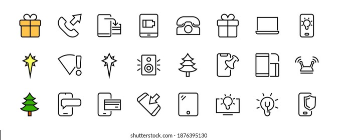 GADGET Set de iconos vectoriales de dispositivos inteligentes como laptop, tablet, programa de protección, teléfono, red digital, iconos de gadget vectoriales de línea delgada, trazo editable.
