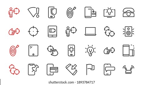 GADGET Set of vector icons of smart devices such as laptop, tablet, protection program, phone, digital network, thin line vector gadget icons, editable stroke.