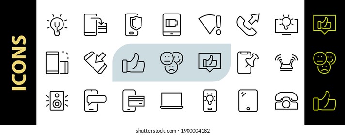 GADGET Set of vector icons of smart devices such as laptop, tablet, protection program, phone, digital network, thin line vector gadget icons, editable stroke.