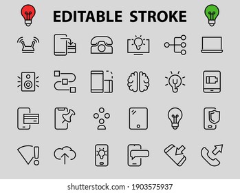 GADGET Set of vector icons of smart devices such as laptop, tablet, protection program, phone, digital network, thin line vector gadget icons, editable stroke.