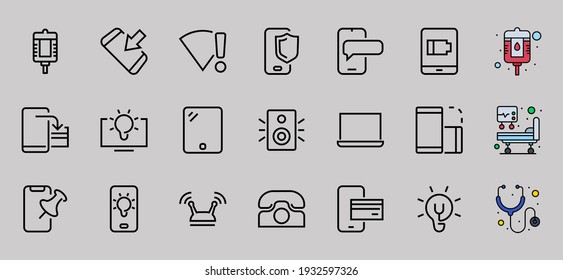 GADGET Set of vector icons of smart devices such as laptop, tablet, protection program, phone, digital network, thin line vector gadget icons, editable stroke.