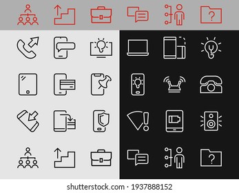 GADGET Set of vector icons of smart devices such as laptop, tablet, protection program, phone, digital network, thin line vector gadget icons, editable stroke.