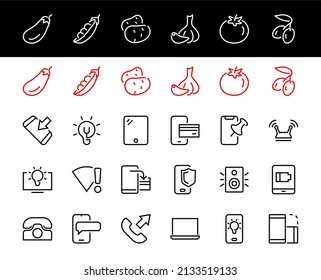 GADGET Set de iconos vectoriales de dispositivos inteligentes como laptop, tablet, programa de protección, teléfono, red digital, iconos de gadget vectoriales de línea delgada, trazo editable.