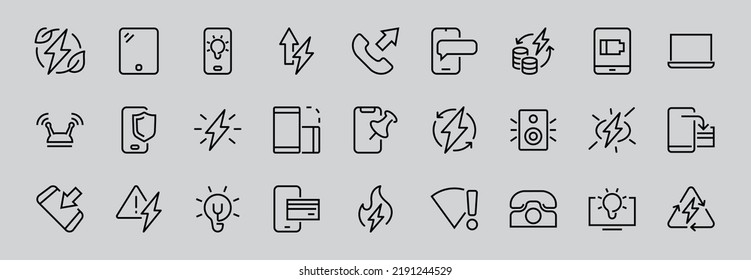 GADGET Set de iconos vectoriales de dispositivos inteligentes como laptop, tablet, programa de protección, teléfono, red digital, iconos de gadget vectoriales de línea delgada, trazo editable.