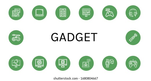 gadget simple iconos set. Contiene iconos como Portátil, Comprimidos, Computadora, Controlador, Auriculares, Smartwatch, Gamepad, consola de juegos, cámara de acción, puede ser usado para web, móvil y logotipo