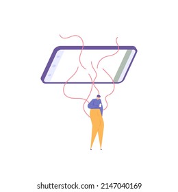 gadget slave. the user is controlled or enslaved by the smartphone. gadget addiction. flat cartoon illustration. vector concept design