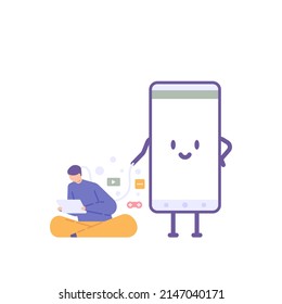 gadget slave. the user is controlled or enslaved by the smartphone. gadget addiction. flat cartoon illustration. vector concept design