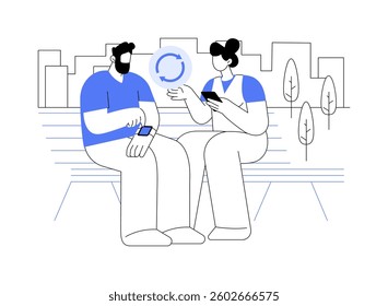 Gadget synchronization isolated cartoon vector illustrations. Couple sync the phone and smart watch, people lifestyle, digital life, gadgets addiction, modern technology vector cartoon.