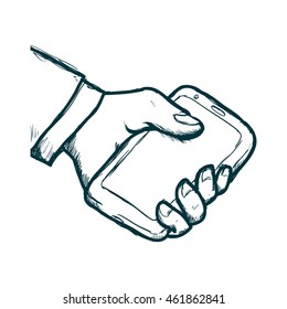 Gadget and technology concept represented by smartphone and hand icon. Isolated and sketch illustration