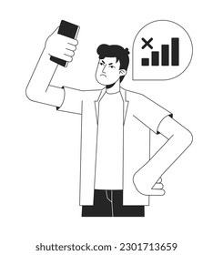 Gadget user having no phone signal bw vector spot illustration. Man with phone problem 2D cartoon flat line monochromatic character on white for web UI design. Editable isolated outline hero image