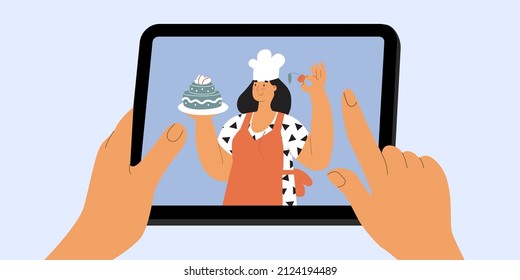 Gadget using concept. Woman showing baking recipe through phone screen. Communication,  internet talks, video conversation. Mobile online services. Cooking influencer, blogger. Vector illustration.