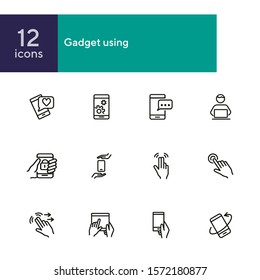 Gadget using line icon set. Smiley, chatting, double tap. Electronic devices concept. Can be used for topics like manual, smartphone features, gesture