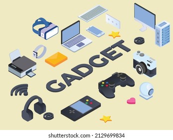 Gadget vector concept. Gadget word with various digital devices on the table