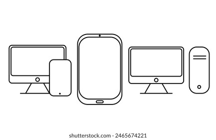 Vector de gadget. conjunto de línea de dispositivo. smartphone, ordenador personal compacto portátil, fondo blanco