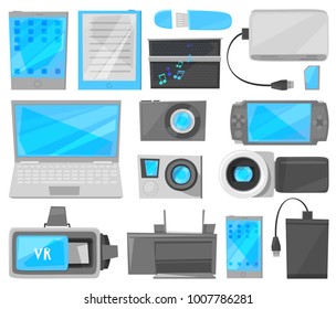 Gadget vector digital device with display of laptop or tablet and camera of smartphone or phone electronic equipment gamepad video recorder set illustration isolated on white background