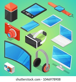 Gadget vector digital device with display of laptop or tablet and camera isometric illustration set of electronic equipment virtual headset and headphone isolated on background