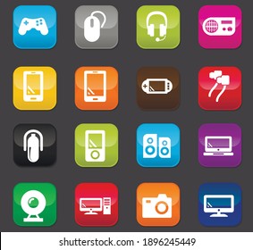Gadget vector icons for user interface design. Colored buttons on a dark background