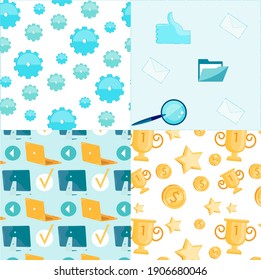 Gadget, Victory Icons Seamless Pattern Set Flat Cartoon Vector Illustration. Techmologies as Laptops and Desktop Computers. Winning Trophies or Cups with Stars and Money Coins. Magnifier, Envelope.