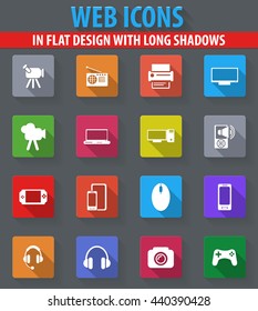 Gadget web icons in flat design with long shadows