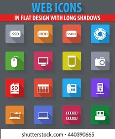 Gadget web icons in flat design with long shadows