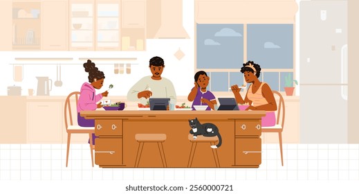 Gadget-addicted African American family with two kids at dinner table in the kitchen flat vector illustration isolated on white. Parents and children using tablets and smartphone while eating.